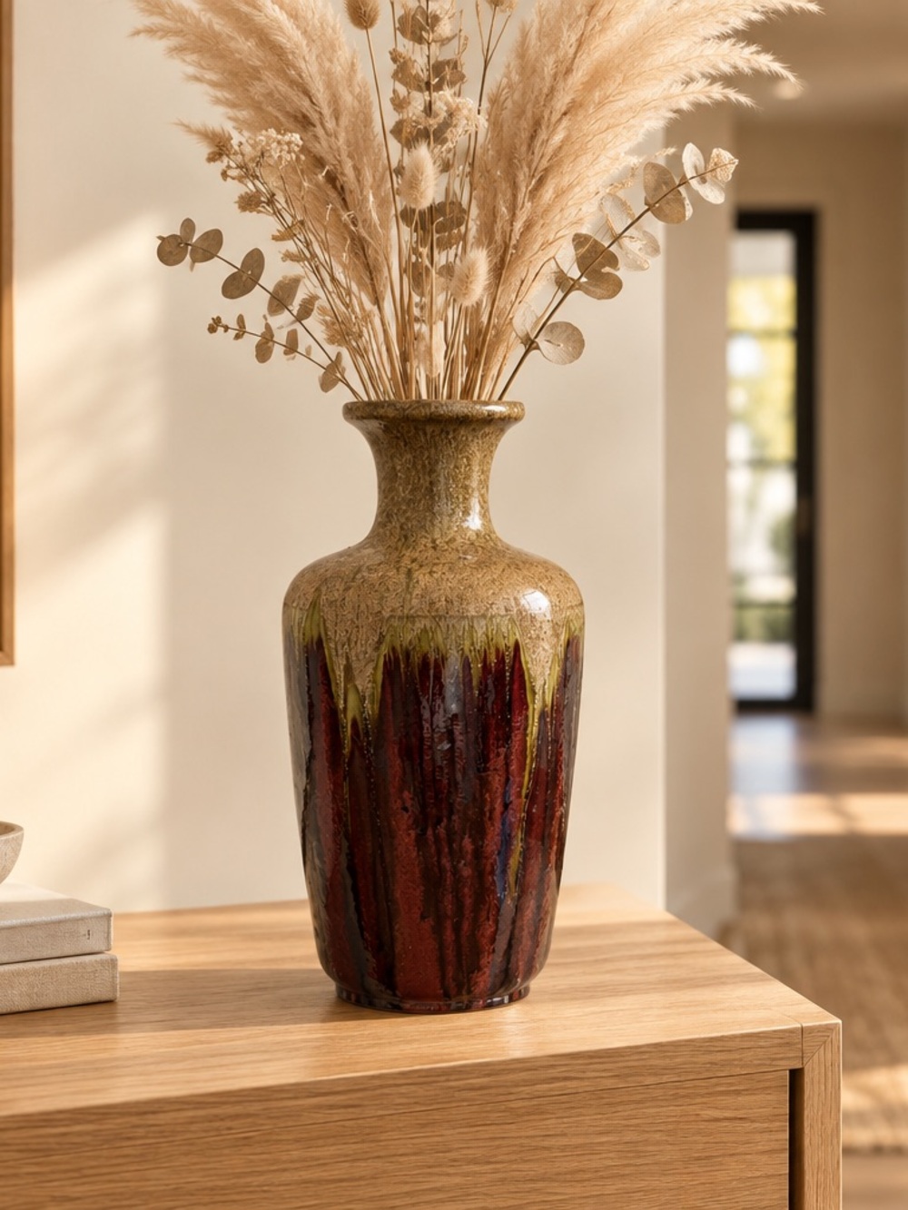 Ceramic Base, Apropos Home Collection Drip Glaze Pottery 13.5” Height Deep Red